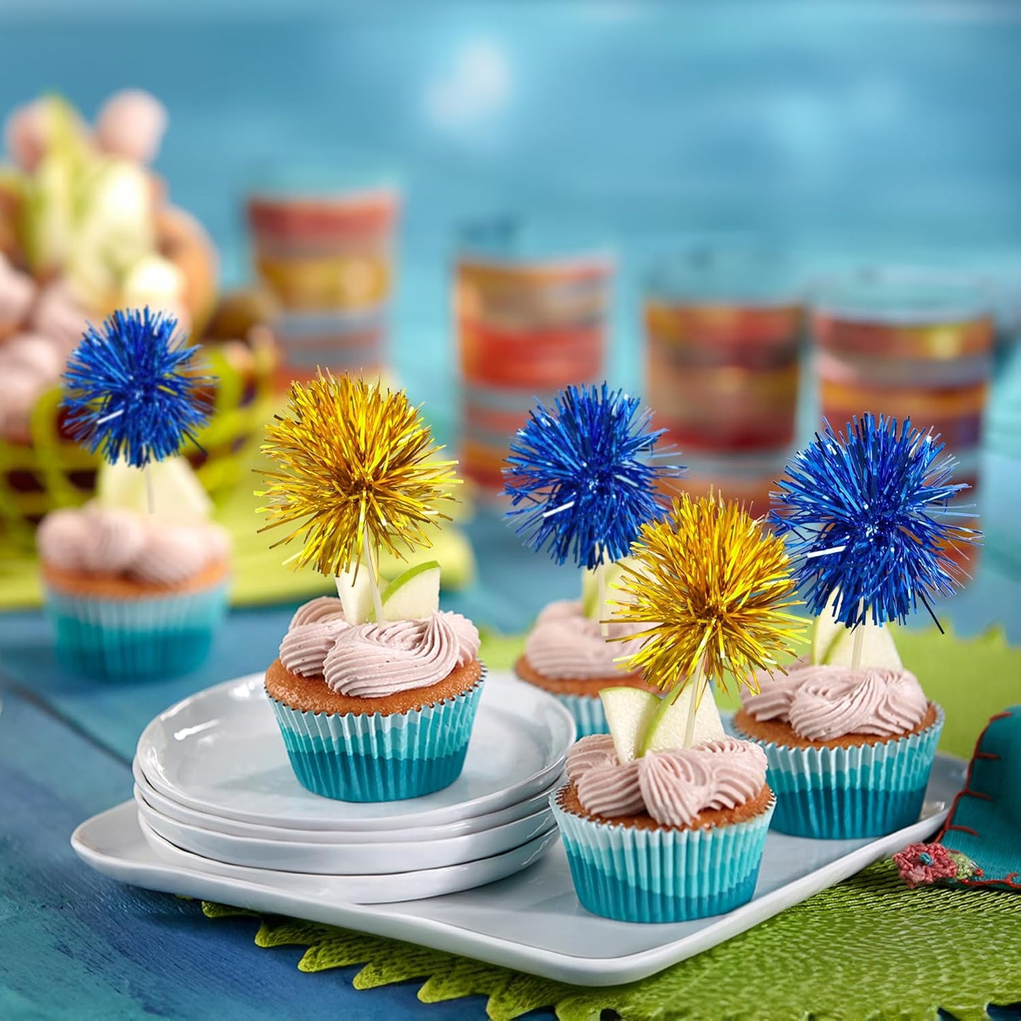 Gyufise 30Pcs Foil Firework Cupcake Toppers Sparkle Tinsel Cake Toppers Tinsel Drink Cake Decoration Cocktail Picks for Birthday Wedding Graduation Party Supplies Gold Dark Blue