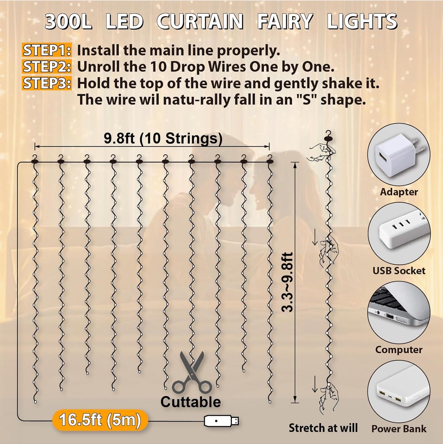 HXWEIYE 300LED Fairy Curtain Lights, 9.8x9.8Ft USB Plug-in 8 Modes Christmas String Hanging Lights with Remote for Bedroom Backdrop Wedding Party Indoor Wall Decor, Warm White(2 Pack)