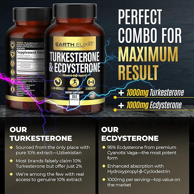 Turkesterone & Ecdysterone – Natural Testosterone Support, 2-in-1 High Potency Turkesterone Supplement for Men & Women with 95% Beta Ecdysterone - Strength, Energy and Vitality – 180 capsules