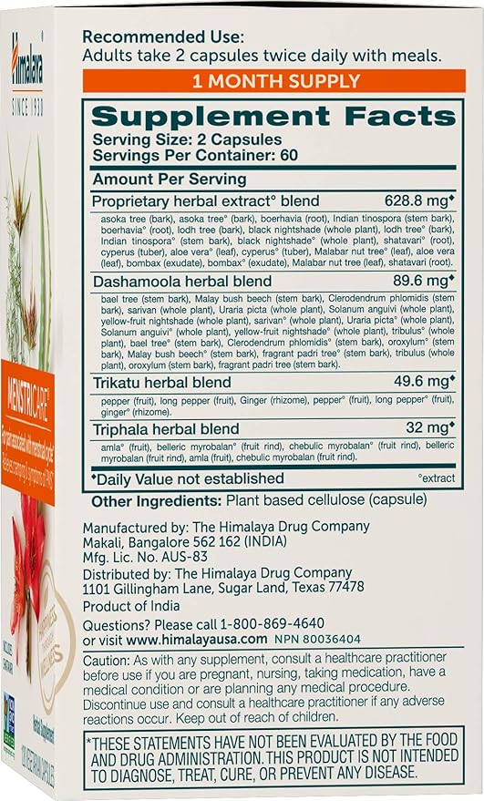Himalaya MenstriCare, 30 Day Supply - Supports PMS, Menstrual Cramp Relief, and Hormone Balance for Women - Vegan, Non-GMO, Gluten Free, 120 Capsules
