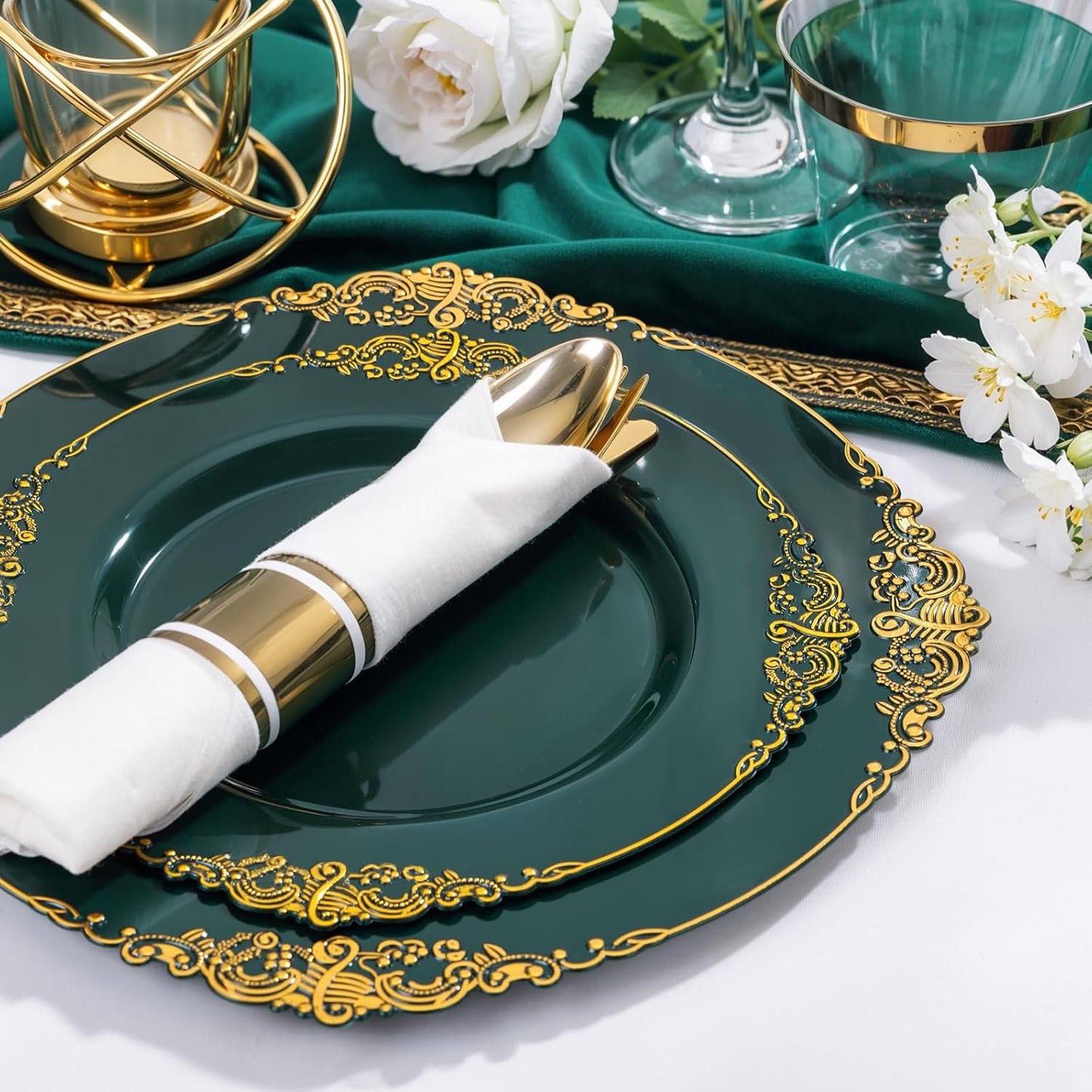 Nervure 350PCS Green Plastic Plates - Green Gold Plastic Dinnerware Sets for 50 Guests - 100 Disposable Plates, 150 Gold Silverware, 50 Cups, 50 Napkins for Wedding & Party & Christmas