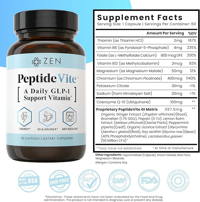 Zen Nutrients PeptideVite GLP-1 Support Vitamin for Gut Health with Probiotics, Bromelain, Chromium Picolinate & Organic Ginger (60 Capsules)