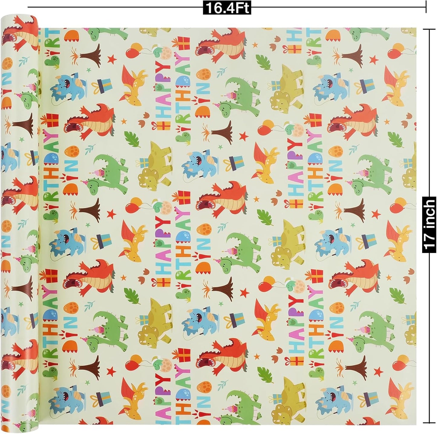 Aimyoo Dinosaur Birthday Wrapping Paper Roll - 17 Inch X 16.4 Feet - Green Happy Birthday Dino Pattern Gift Wrap Paper for Boys Party, Baby Shower, Holiday