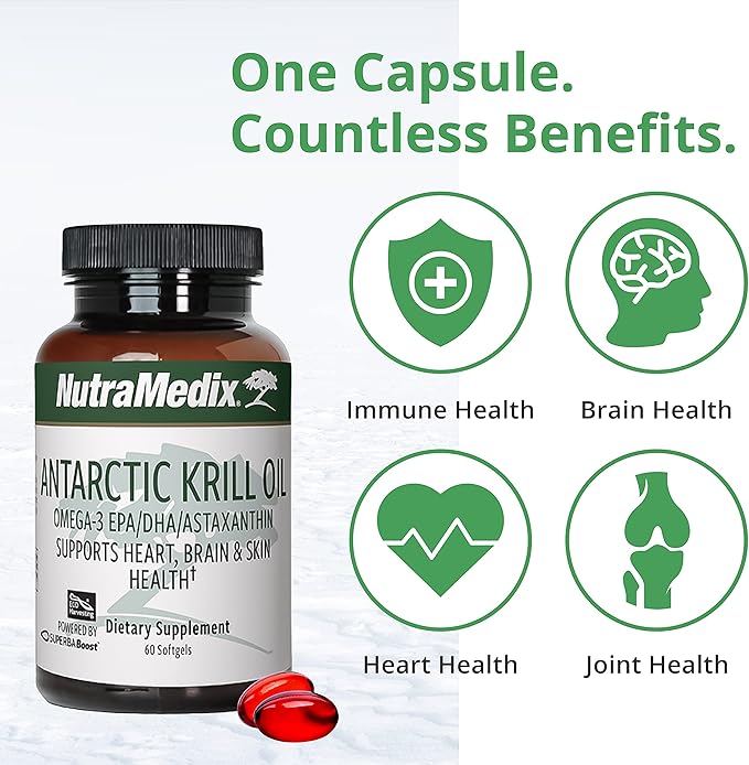 NutraMedix Antarctic Krill Oil 500mg - Fish Oil Supplement - Omega-3s (EPA & DHA) + Astaxanthin - Red Krill Supplement for Joint, Immune, Heart, Liver & Brain Health Support (60 Softgels)