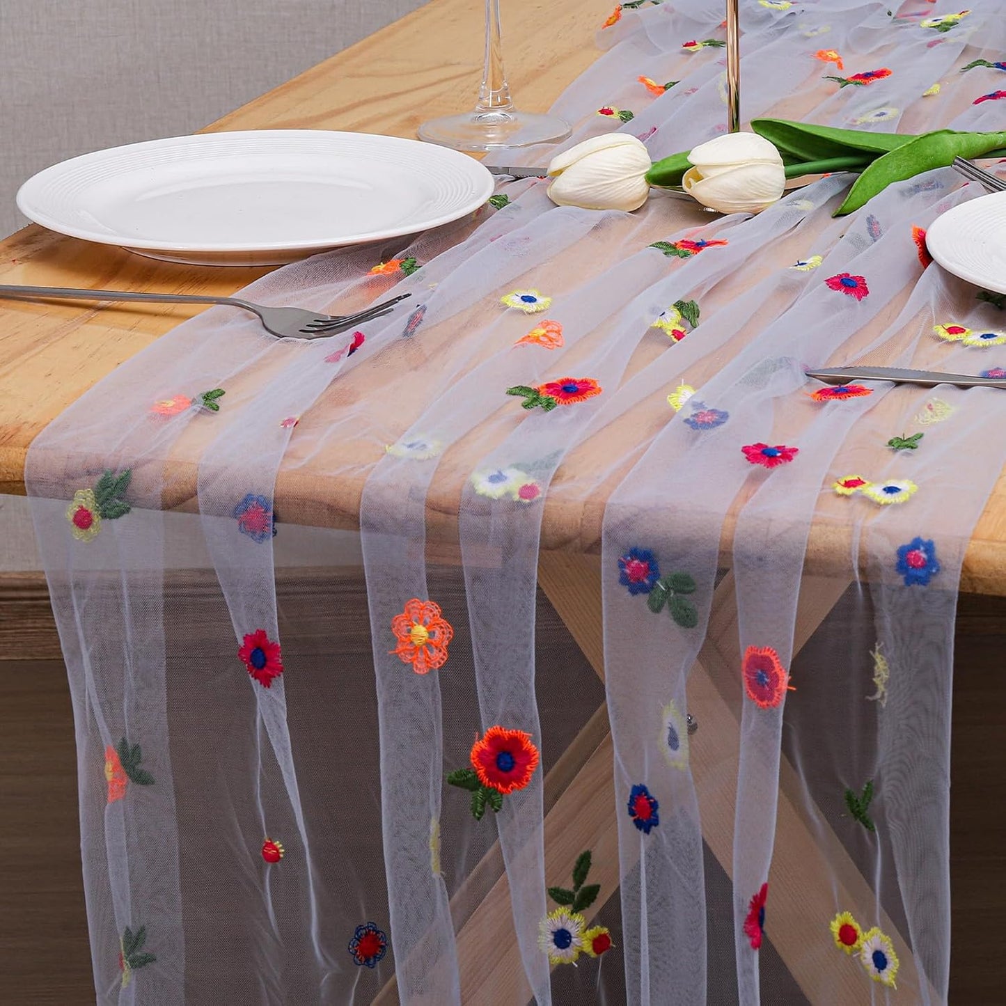 BINBE 6pcs Daisy Fall Table Runner Embroidery Gauze 10FT Florals Seasonal Tulle Holiday Birthday Kitchen Dining Table Decor for Home Party Blue