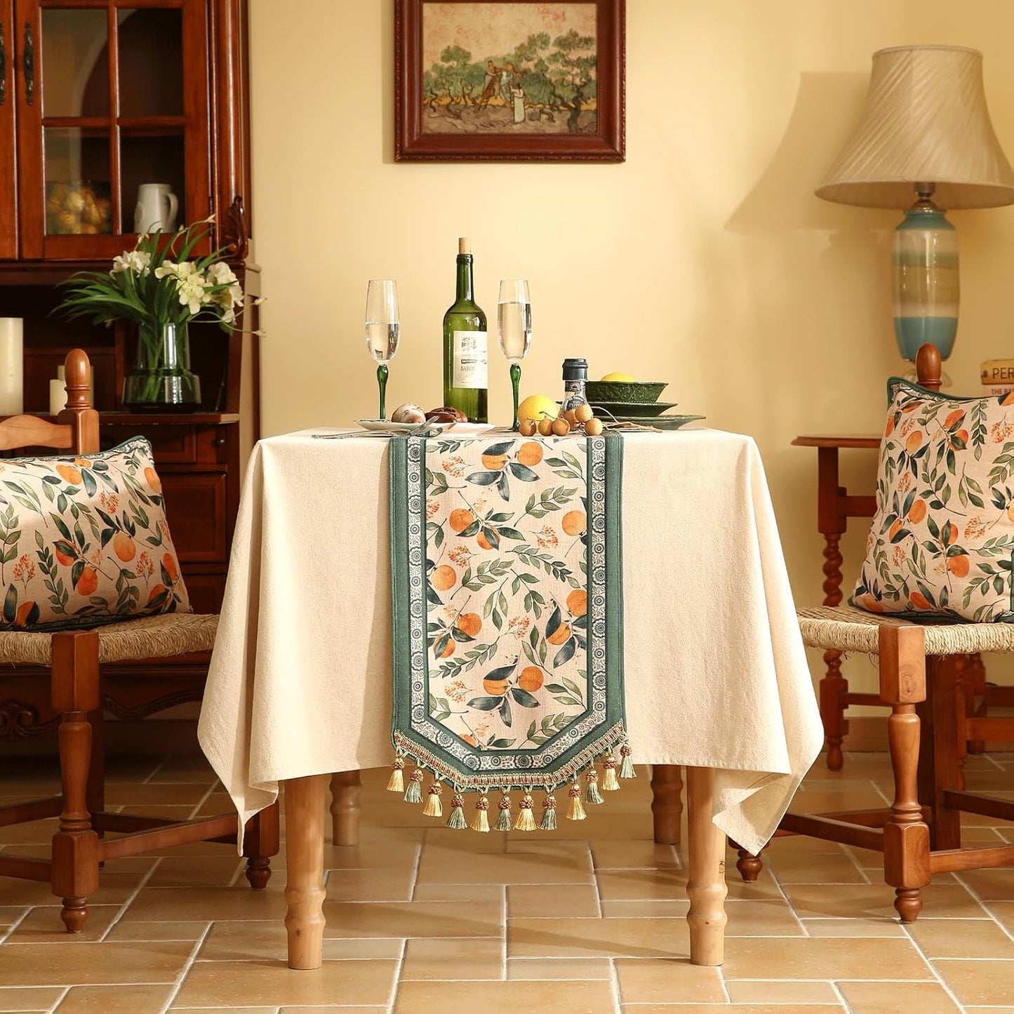 patdrea Designer Vintage Fresh Farmhouse Linen Table Runner 71 Inch Long, Green and Orange Pattern Table Mat, Decor for Kitchen Dining Table Coffee Table Shelf Cabinet Banquet Christmas ,12"*71"