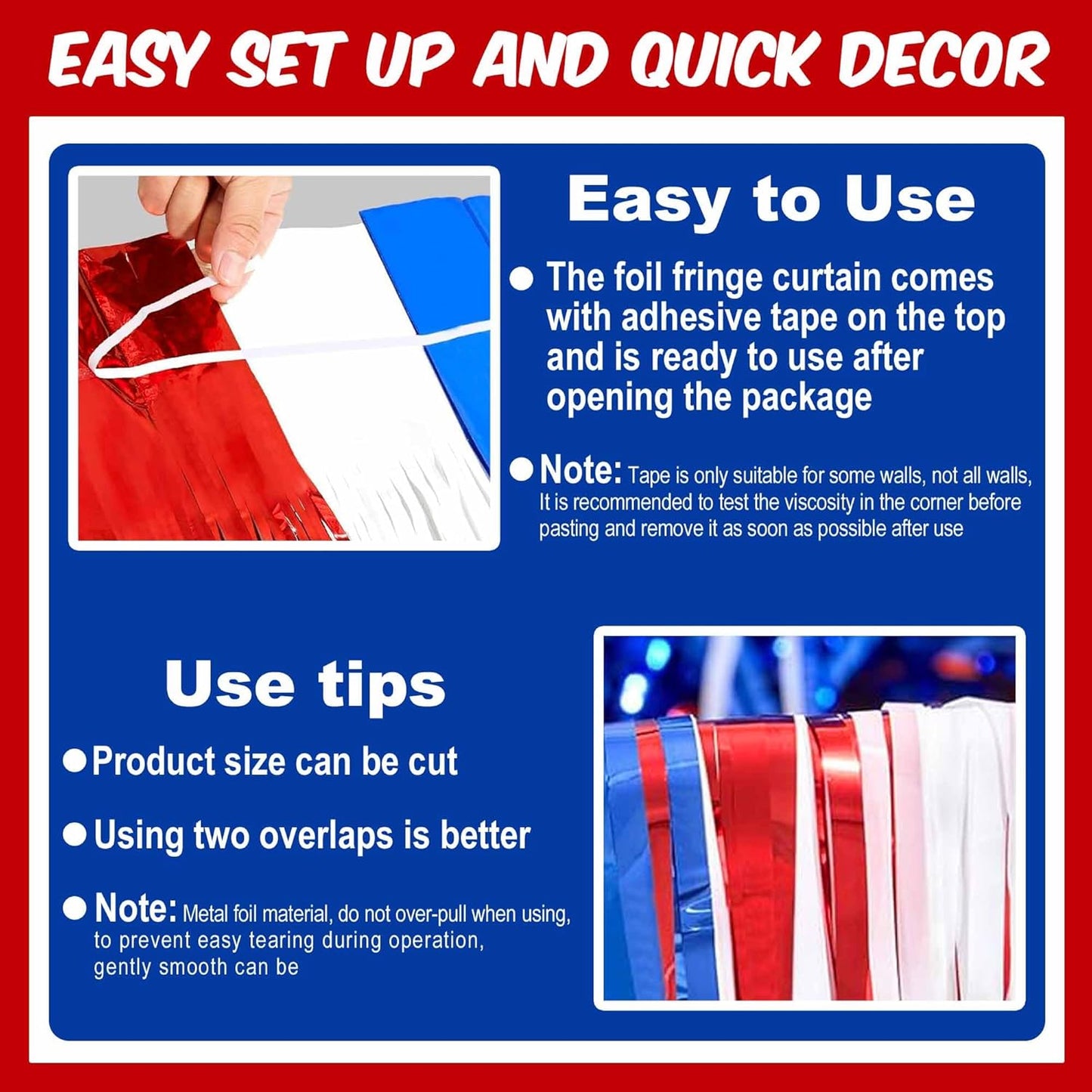 6 Pack White Blue Red Foil Fringe Curtains Backdrop, 3.28 x 8.2 Ft Metallic Streamers Tinsel Curtains Background for Photo Booth, Birthday, Weddings, Carnivals, Graduation, Themed Party Decorations