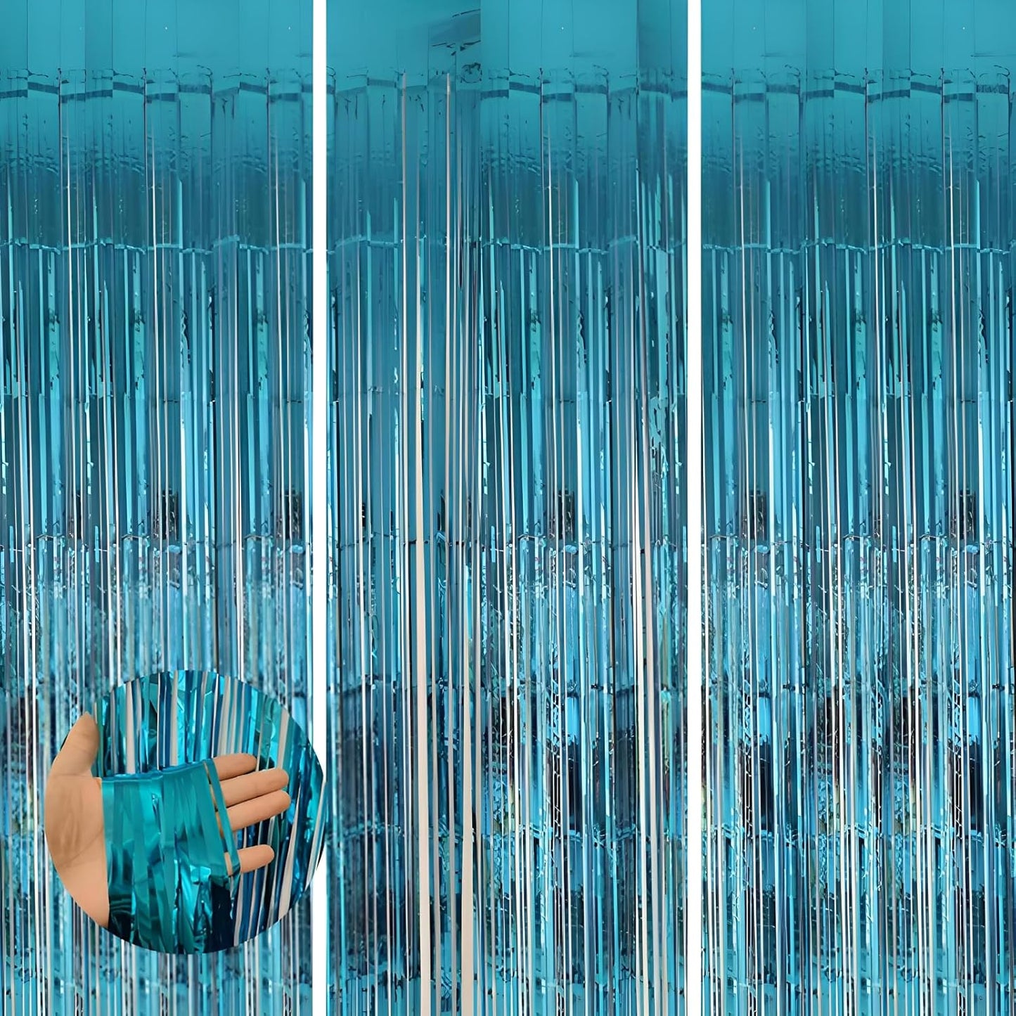 Keyali 3 Pack 3.3 * 8.3 ft Foil Curtain Metallic Tinsel Fringe Curtains Photo Booth Props Backdrop for Birthday Wedding Engagement Baby Shower Christmas Holiday Celebration Partyl,Light Blue