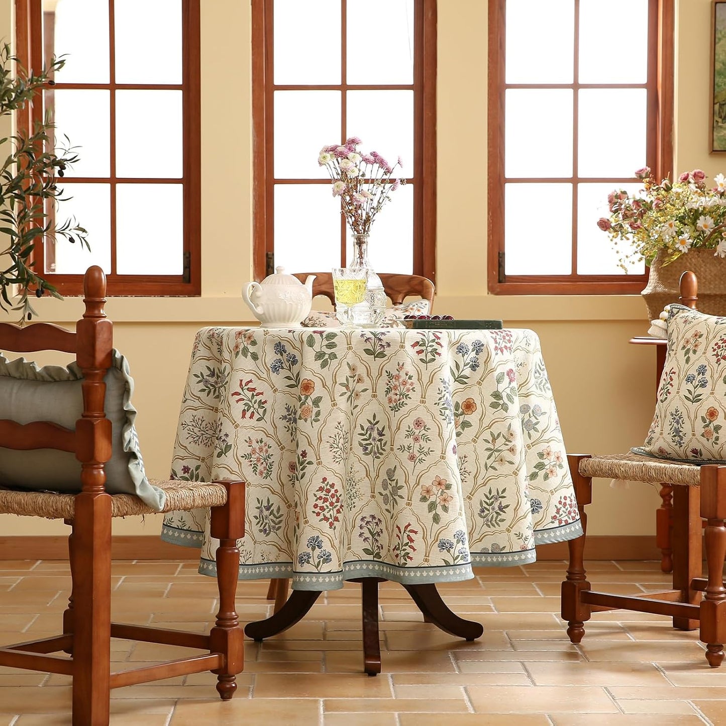 ISAENNE Designer Small Round Tablecloth,Western Linen Colorful Floral Indoor Table Cloth,Wrinkle Resistant Decor Tablecloths for Dining Thanksgiving Kitchen Christmas,Diameter 55"-Serenity B