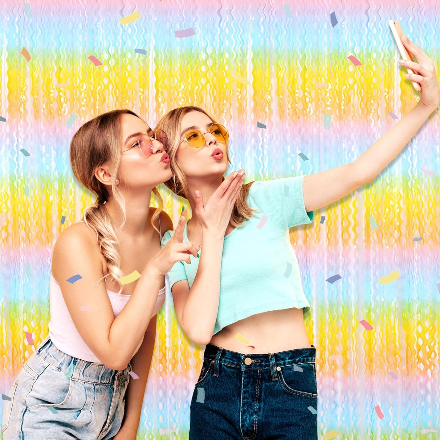 4 Pack Light Rainbow Wave Foil Fringe Curtain Backdrop, 3.28Ft x 8.2Ft Metallic Tinsel Foil Fringe Streamer Curtains for Photo Booth, Mother's Day, Easter, Birthday, Wedding Party Decoration