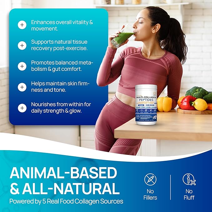Multi-Collagen Peptides Powder | Hydrolyzed Types I, II, III, V & X | With Biotin, Hyaluronic Acid, Vitamin C | Supports Skin, Hair, Nails, Joints & Digestion | Unflavored, Sugar-Free | 1.1LB (500g)