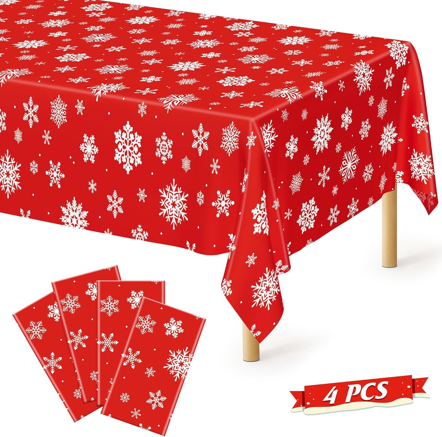 4 PACK Christmas Tablecloths, 54" x 108" Holiday Party Decor, Snowflakes Tablecloth Xmas Plastic Tablecloth Disposable Table Cloth Rectangle Tablecover, Christmas Decorations Holiday Party Supplies