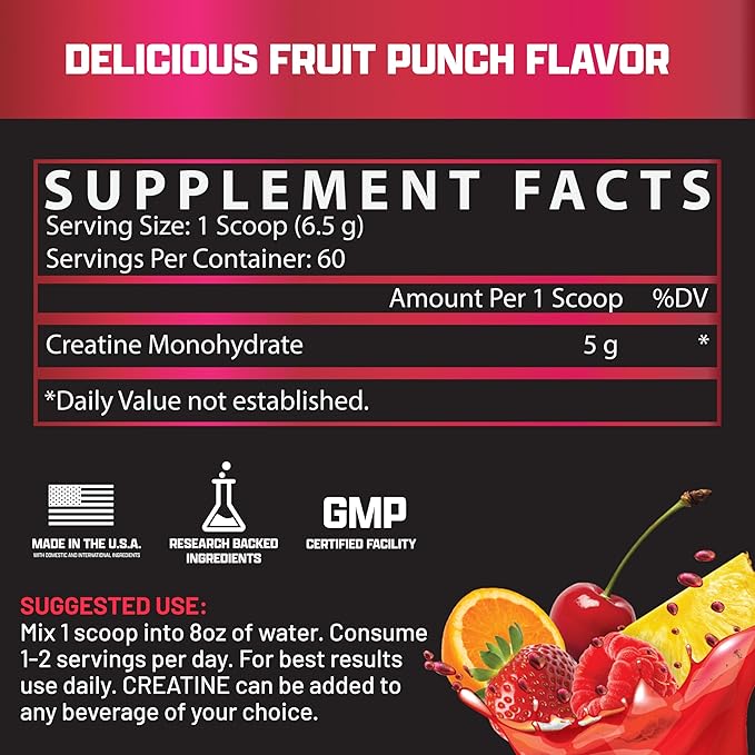 Nutrex Research Flavored Creatine Powder, Fruit Punch | 5g Creatine, Mixes Easily | Supports Energy, Muscle Growth, Energy and Performance | 60 Servings (60 Servings, Fruit Punch)