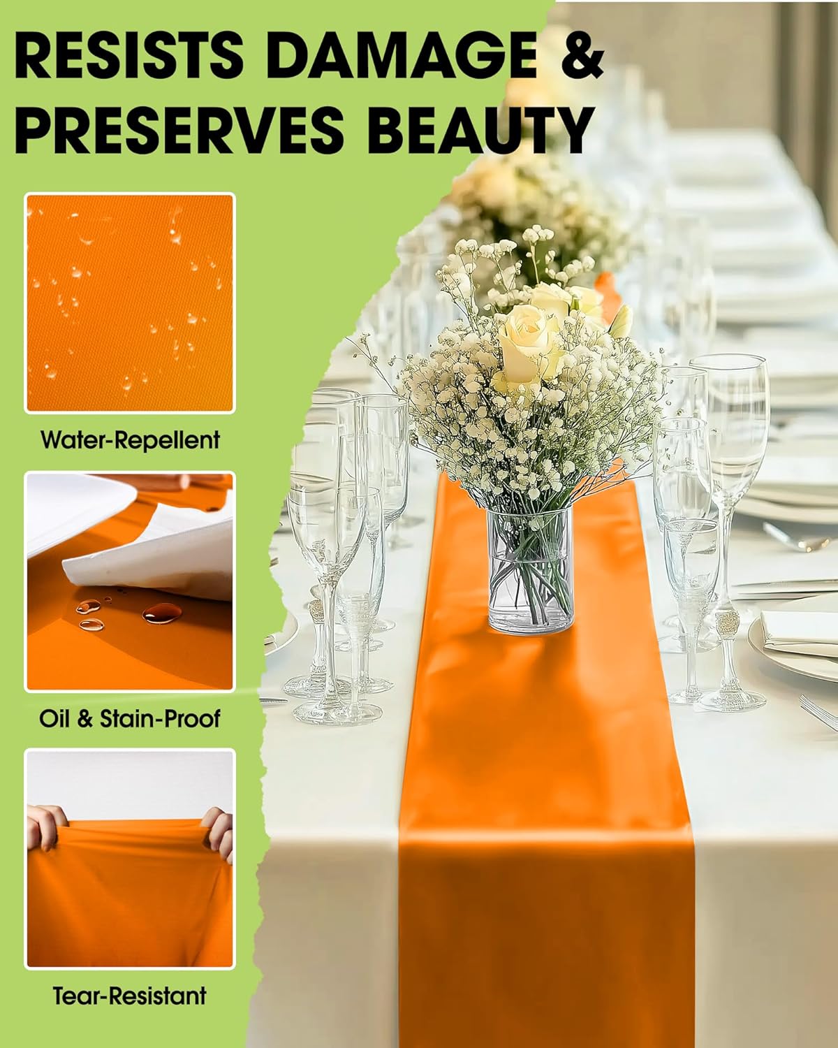 Pureegg Orange Plastic Table Runners - 10 Pack, 14'' x 108'', Water Resistant & Disposable Centerpiece Decorations for Table Cloth, Wedding, Birthday, Thanksgiving, Harvest, Party, Home Decor