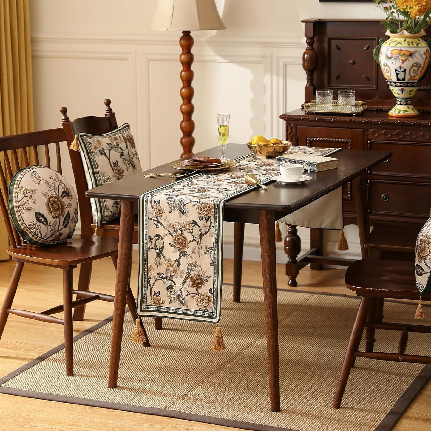 ISAENNE Designer Vintage Beige Linen Table Runner 87 Inches Long,Elegant Floral and Bird Pattern Decor Table Runners for Dining Tables,Thanksgiving,Christmas,Banquet,Party,12"*87"-Murad A