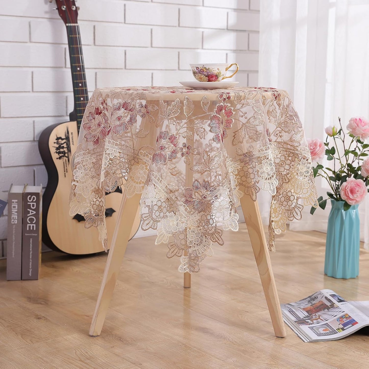 Round Embroidered Lace Tablecloth Vintage Decorative Exquisite Border Table Cover for Party Wedding Home Decorations, Round-70 inch, Red