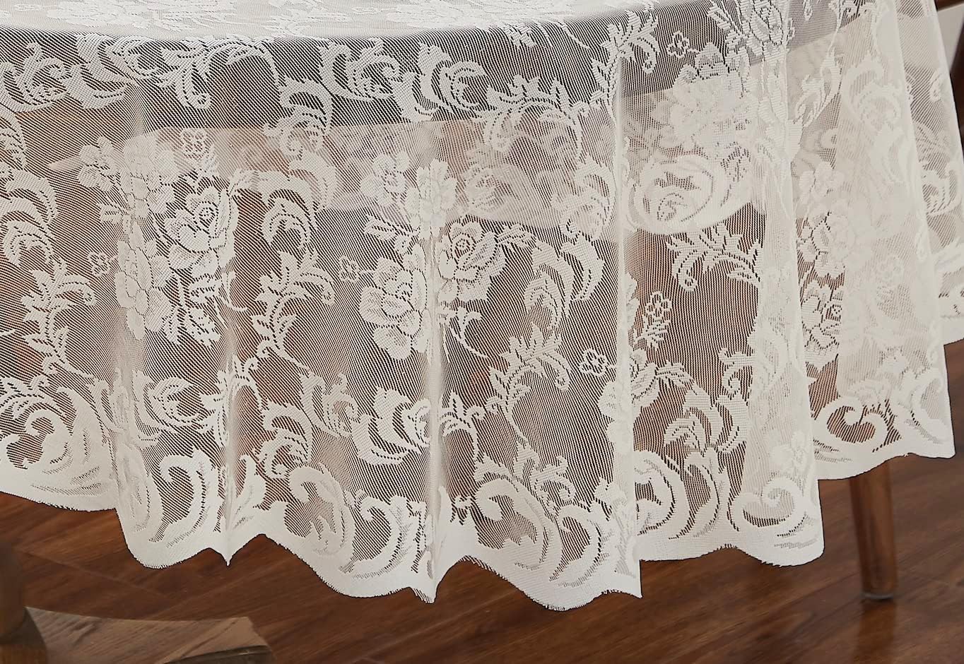 LinenZone Extra Large Ivory Round Tablecloth for Rustic Vintage Decor. Sheer Lace Table Cloth Works Great As Wedding Tablecloth or Thanksgiving Table Cover. (Mia 120 Round, Ivory)