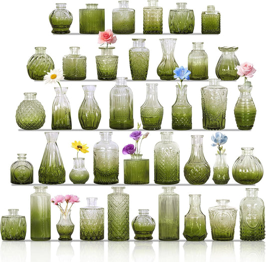 Set of 40 Glass Bud Vases, Small Green Glass Vases in Bulk, Mini Vintage Embossed Flower Vase for Wedding, Centerpieces, Birthday Party, Baby Shower, Home Table Decorations (Green)
