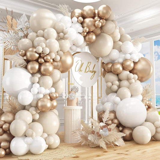 412Pcs White Sand Champagne Gold Balloon Arch Kit, Metallic Champagne Gold Neutral Balloons Garland for Boho Wedding Baby Shower Bridal Shower Engagement Anniversary Decorations