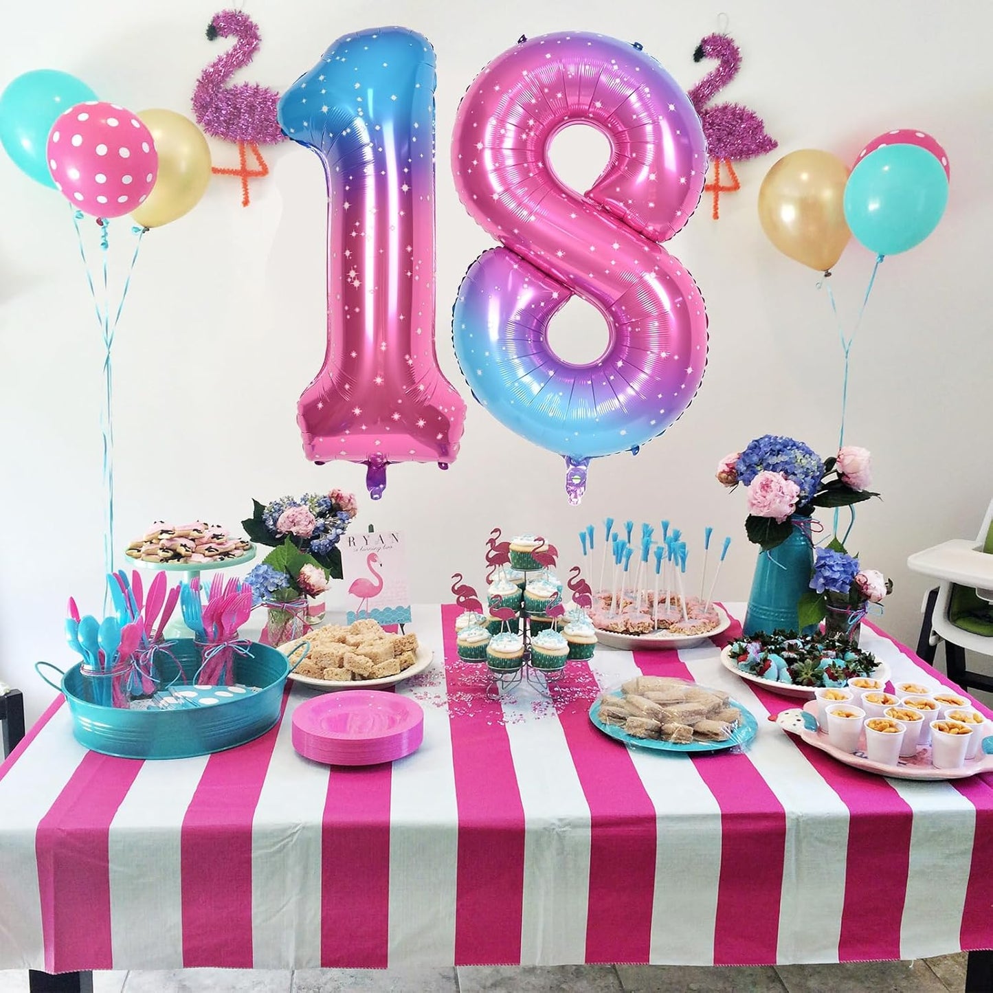 Gradient Rainbow 4 Balloons, 40 Inch Large Blue Pink Purple Foil Number Balloons Set 0-9, Self Inflating Starry Digital 4 Helium Balloon for Girls Women Birthday Anniversary Party Decorations Supplies