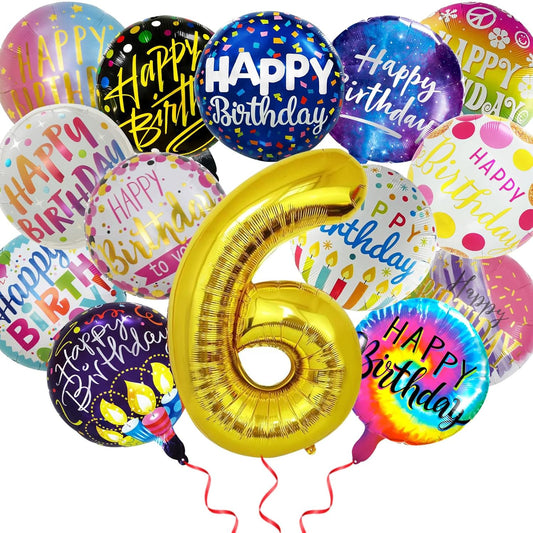 50 Pcs Happy Birthday Party Aluminum Foil Balloons and 6th Balloons, 18 Inch Round Aluminum Foil Balloon with" Happy Birthday" Sign, Birthday Decorations for Boys/Girls (Yellow, 6)