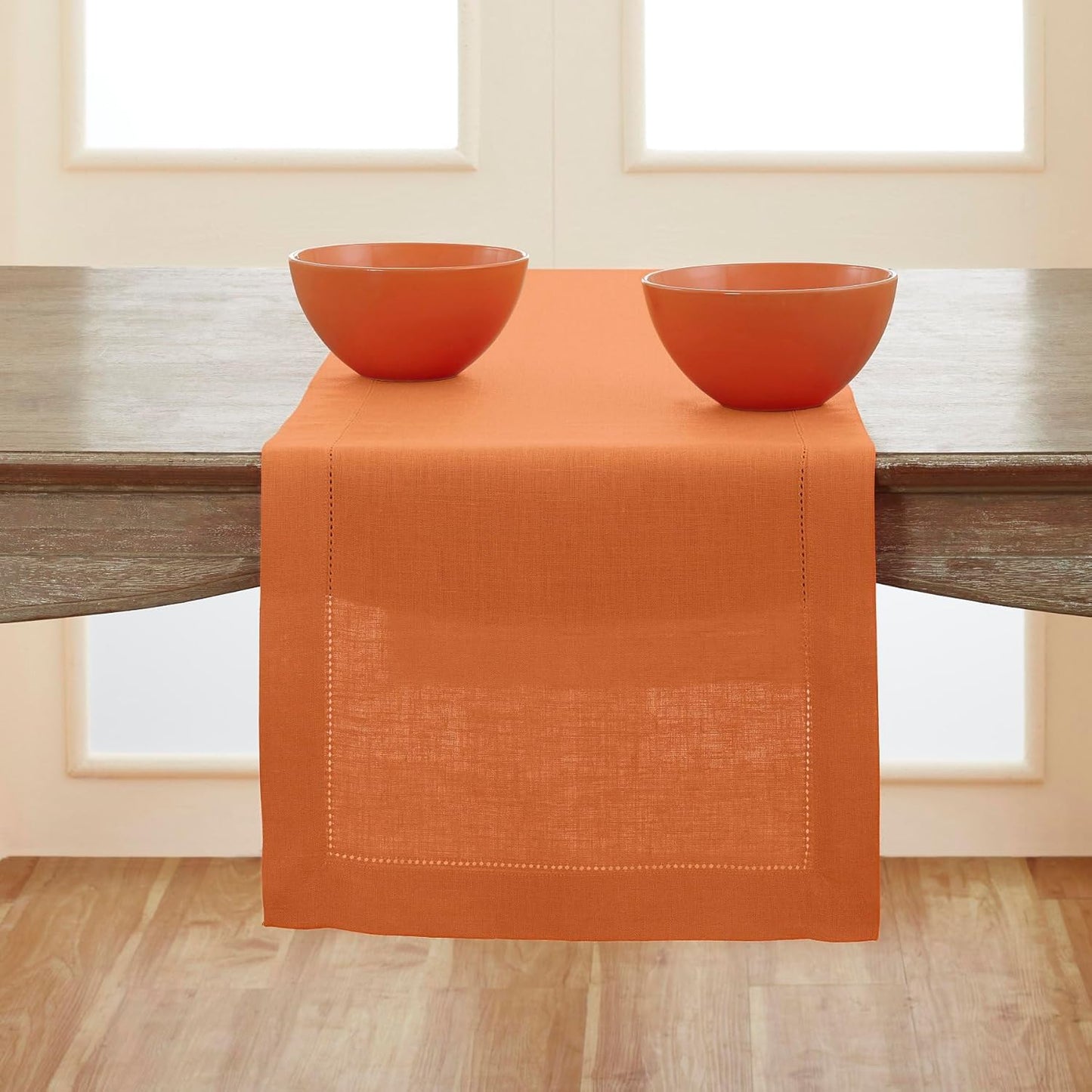 Solino Home Linen Pumpkin Hemstitch Table Runner 60 Inches - 100% Pure Linen Small Table Runner 14 x 60 Inch Ideal for Dresser and Coffee Tables - Classic Hemstitch - Fall, Halloween, Thanksgiving