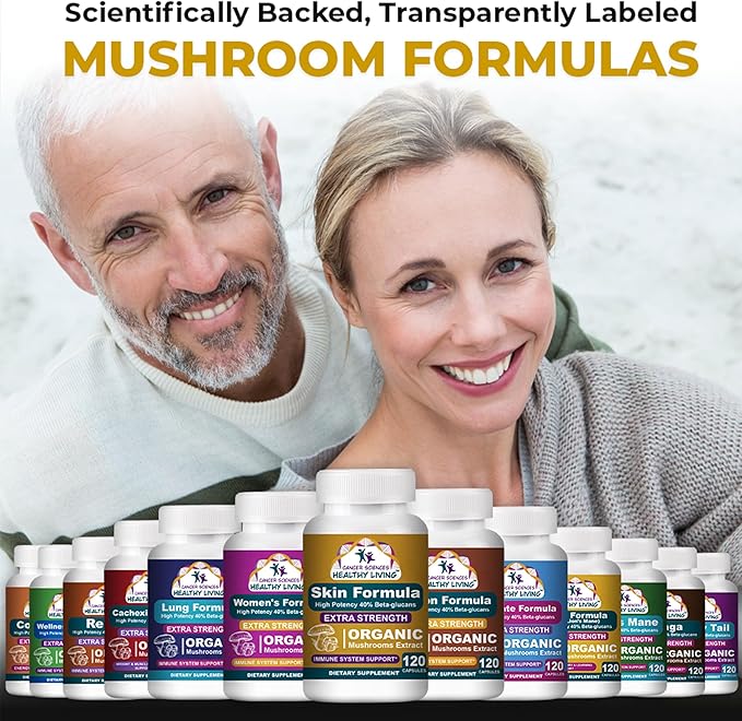 Cancer Sciences Skin Wellness Supplement, USDA Certified Organic Extract Mushrooms Supplement, Extra Strength 1,500 mg, High Potency 40% Beta-Glucans, Immune Support, Glowing Complexion, 120 Capsules