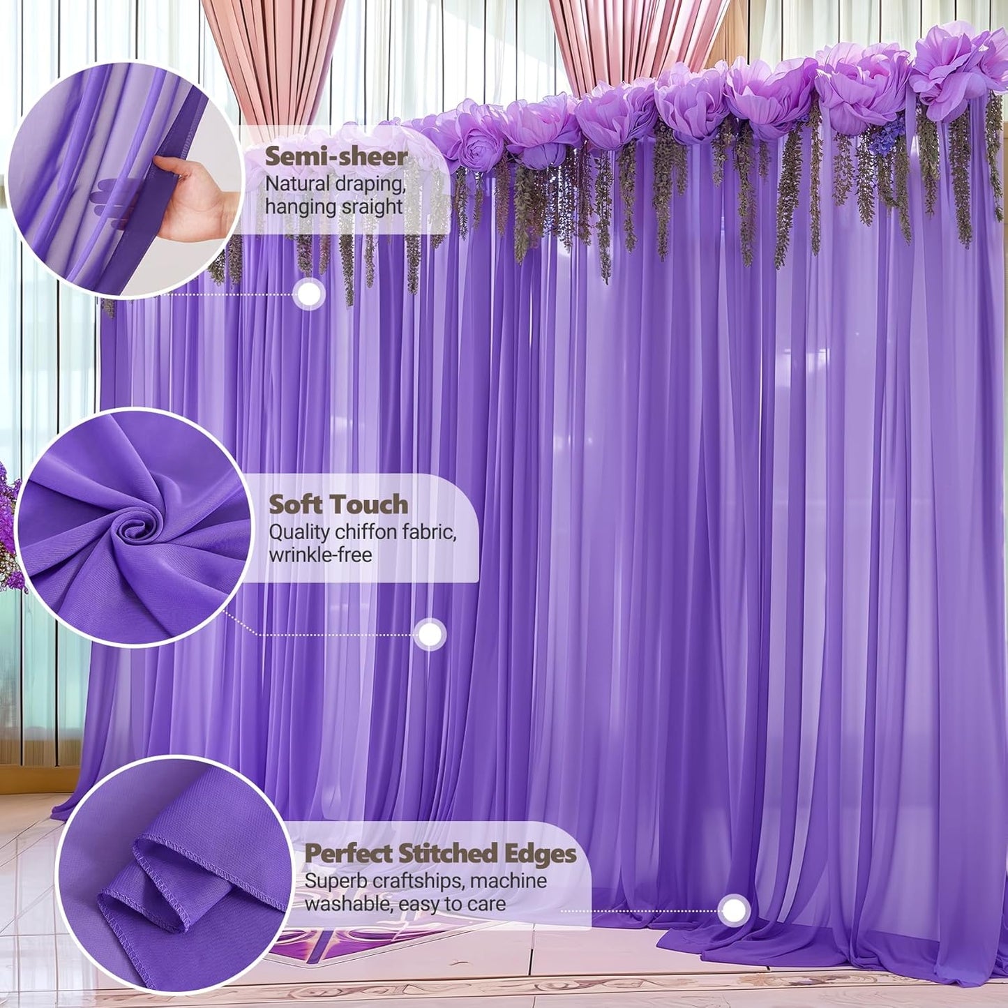 10ft x 10ft Purple Backdrop Curtains, Wrinkle-Free Sheer Chiffon Fabric Photo Backdrop Drapes for Wedding Arch Party Ceremony Stage Photography Decorations