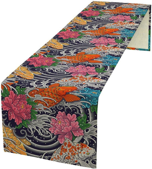 Japanese Retro Flowers Table Runner Oriental Tradition Kio Fish Art Printed Burlap Runner Home Kitchen Dining Table Living Room Decor Fabric 1 Panel W13xL120in