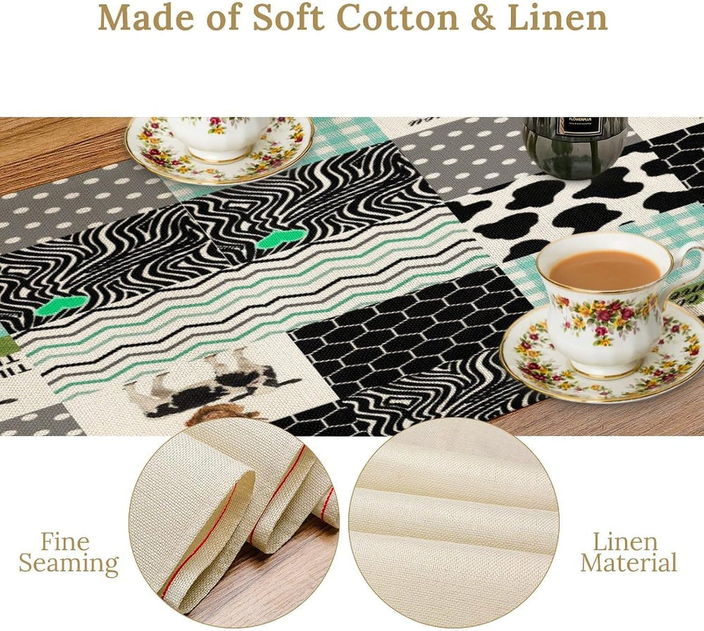 Cute Cow Print Table Runner,Farm Animals Honeycomb Plaid Stripes Cowhide Pattern Tablecloth Burlap for Hotel Indoors Outdoor Dining Room Kitchen Table Decor, 13x36in