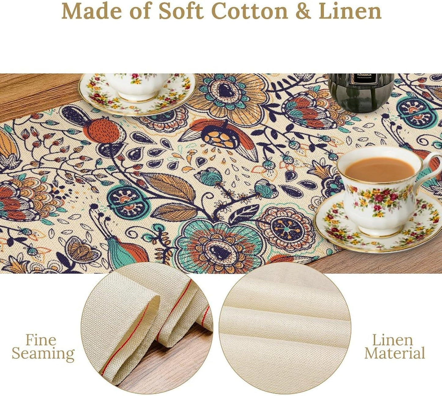 Boho Floral Table Runner,Vintage Flowers Tropical Plants Country Style Table Cloth Kitchen Dining Table Home Party Decoration 13x36 Inch