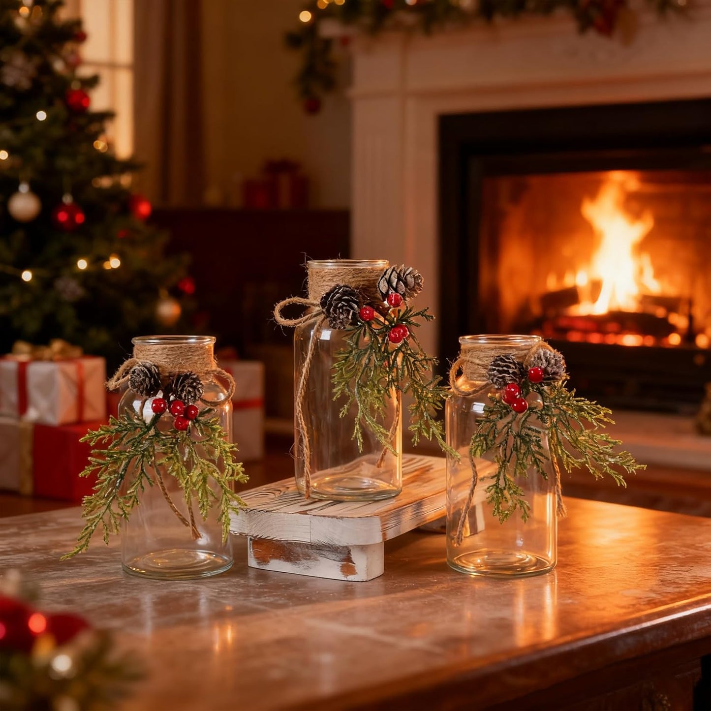 Set of 3 Xmas Decor Vases Christmas Centerpieces for Tables Farmhouse Holiday Table Decor Clear Glass Vases with Twine Ties for Christmas Decorations