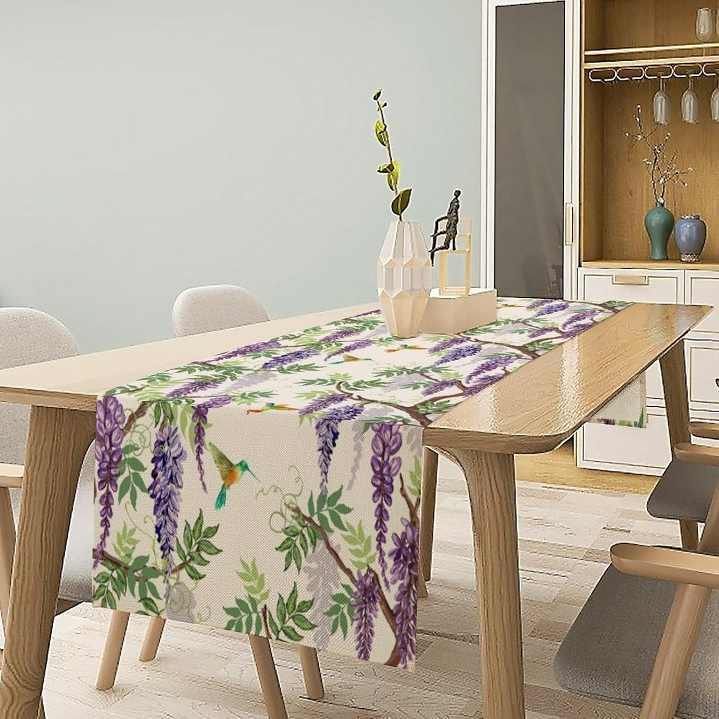 Vintage Bird Flower Table Runner Seasonal Spring Purple Wisteria Garden Plants Lavender Florals Farmhouse Country Kitchen Dinner Runner Dining Table Decoration for Home Party Holiday 13"x60"