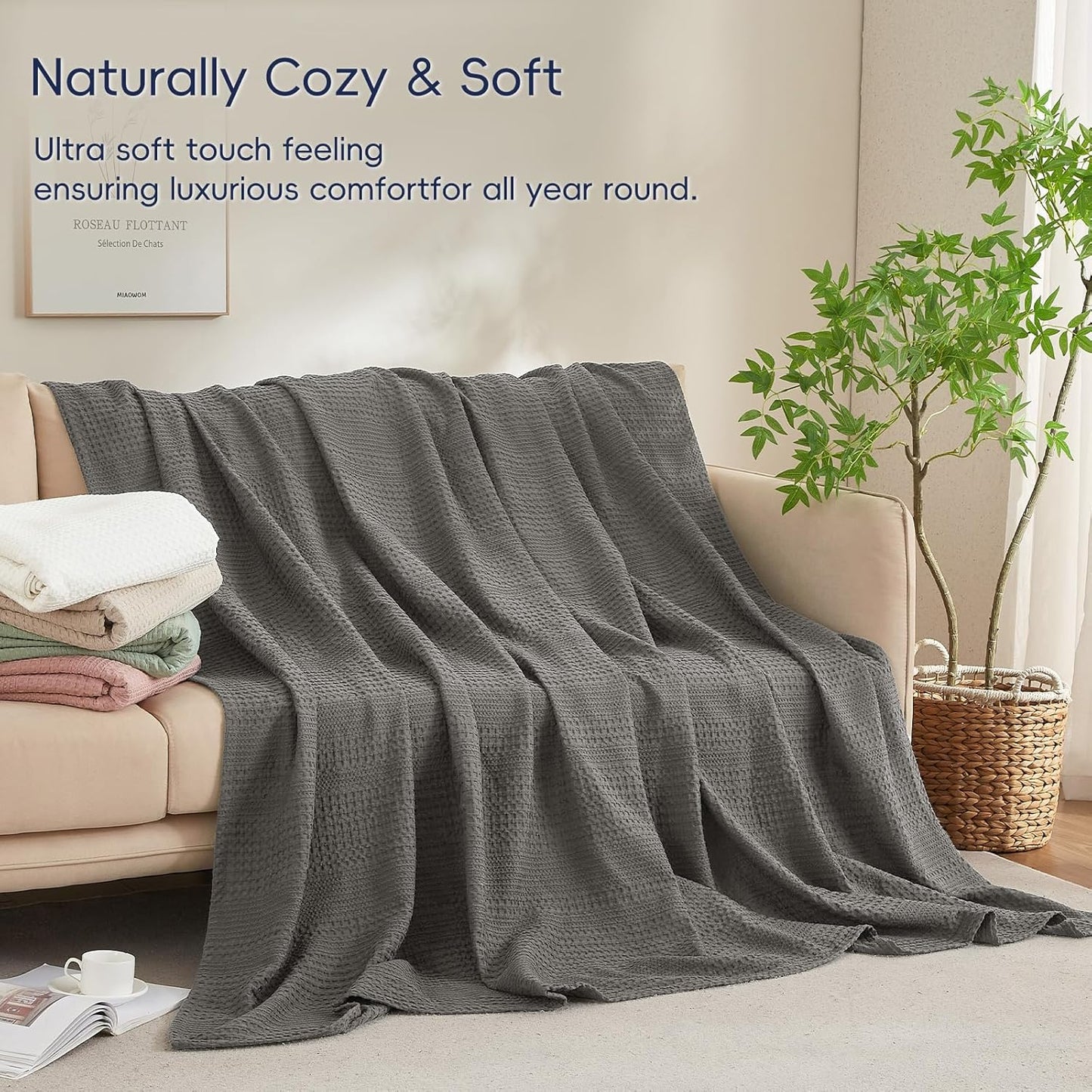 PHF Lightweight Waffle Weave Blanket Twin Size, Breathable & Ultra Soft, 66"x 90" Soft & Cozy Thin Blanket for All Season & Hot Sleepers, Bed, Home Decor - Grey