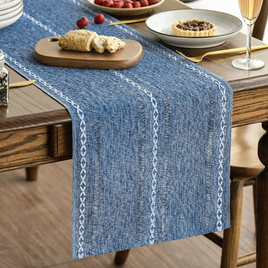 Artoid Mode Blue Rustic Cotton Linen Table Runner, Seasonal Embroidered Hollow Kitchen Dining Table Decoration for Home Party Decor 13x60 Inch