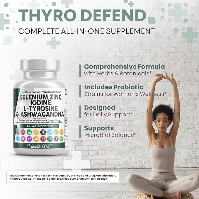 Clean Nutra Selenium 300mcg Iodine 500mcg Thyroid Support for Women & Men | L Tyrosine 500mg Ashwagandha Supplement Bladderwrack, Turmeric, Kelp, Schisandra Zinc Pills Capsule Supplements