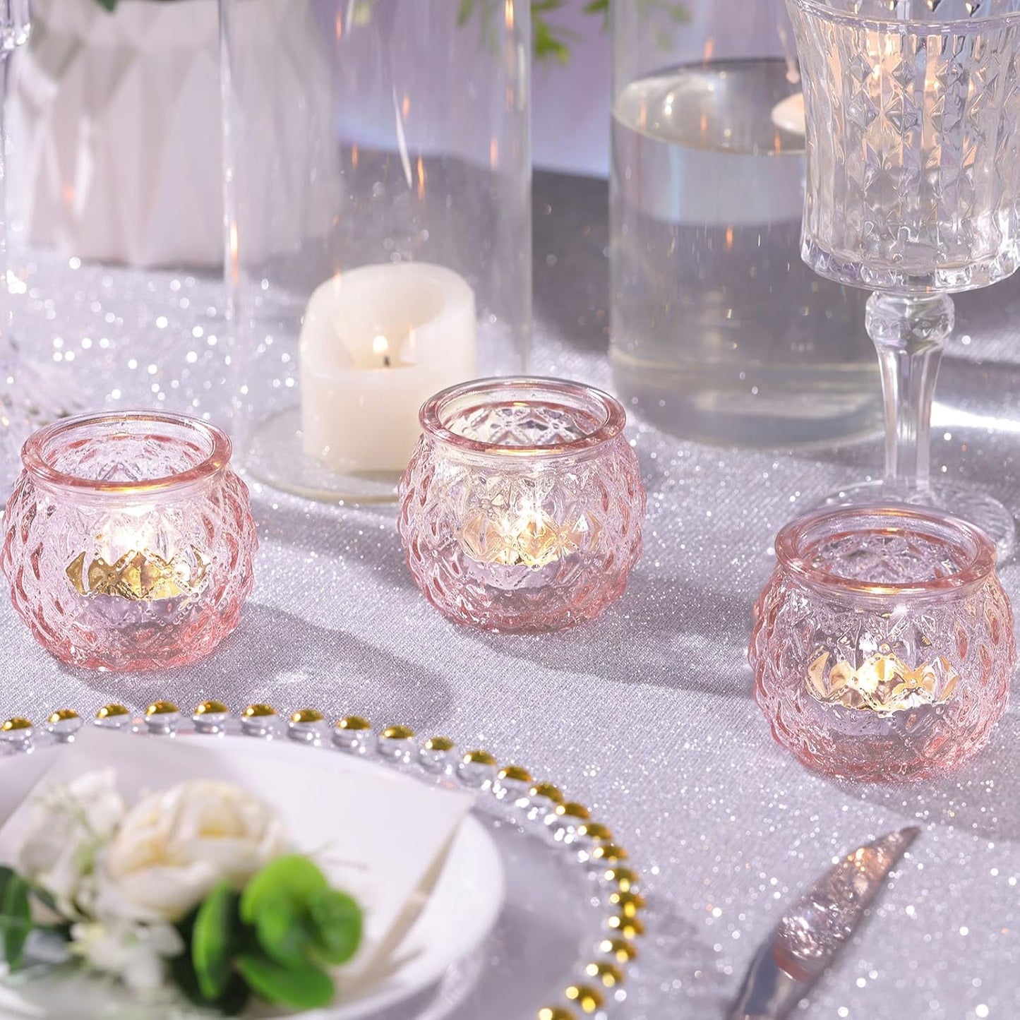DARJEN 12Pcs Pink Votive Candle Holders - Round Glass Candle Holders for Flameless LED Tea Waxes, Romantic Candle Holder for Wedding & Home Table Decor, Various Parties