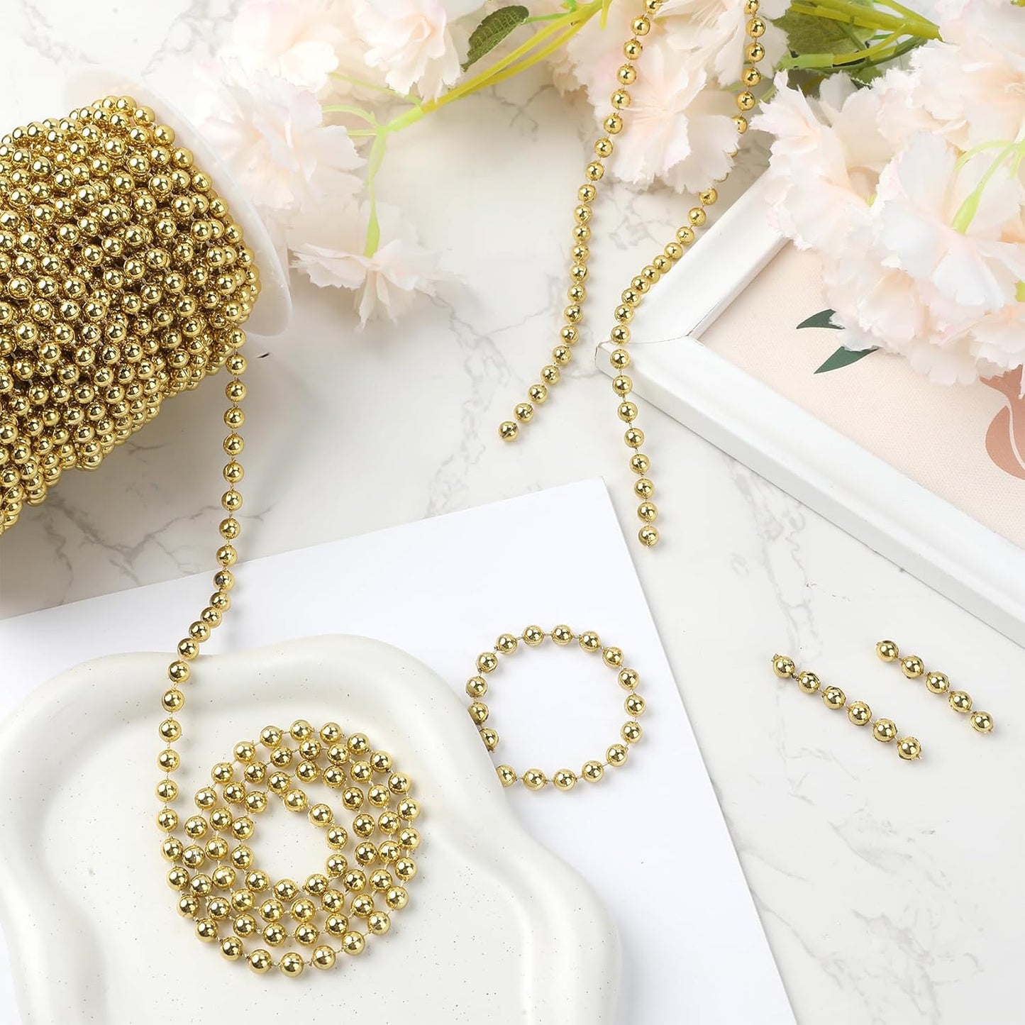 Pearl Beads Garland, 6 MM Gold Faux String of Pearls, Pearl Garland for Christmas Tree 82FT Pearl Beads Strand Spool Bead Roll for Crafts Floral Centerpieces Wedding Party Christmas Tree Decorations