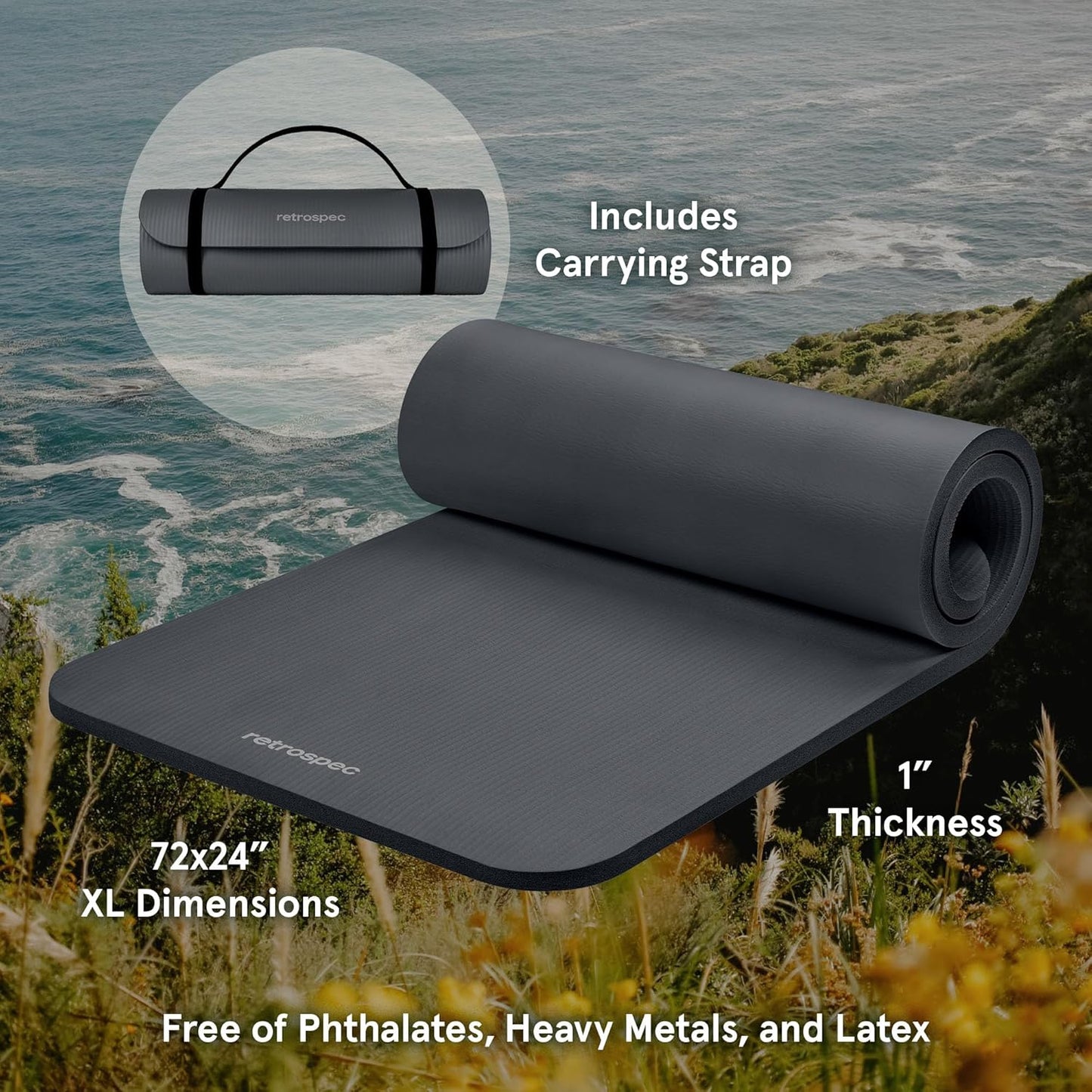 Retrospec Solana Yoga Mat 1" Thick With Nylon Strap For Men & Women - Non Slip Exercise Mat For Home Yoga, Pilates, Stretching, Floor & Fitness Workouts