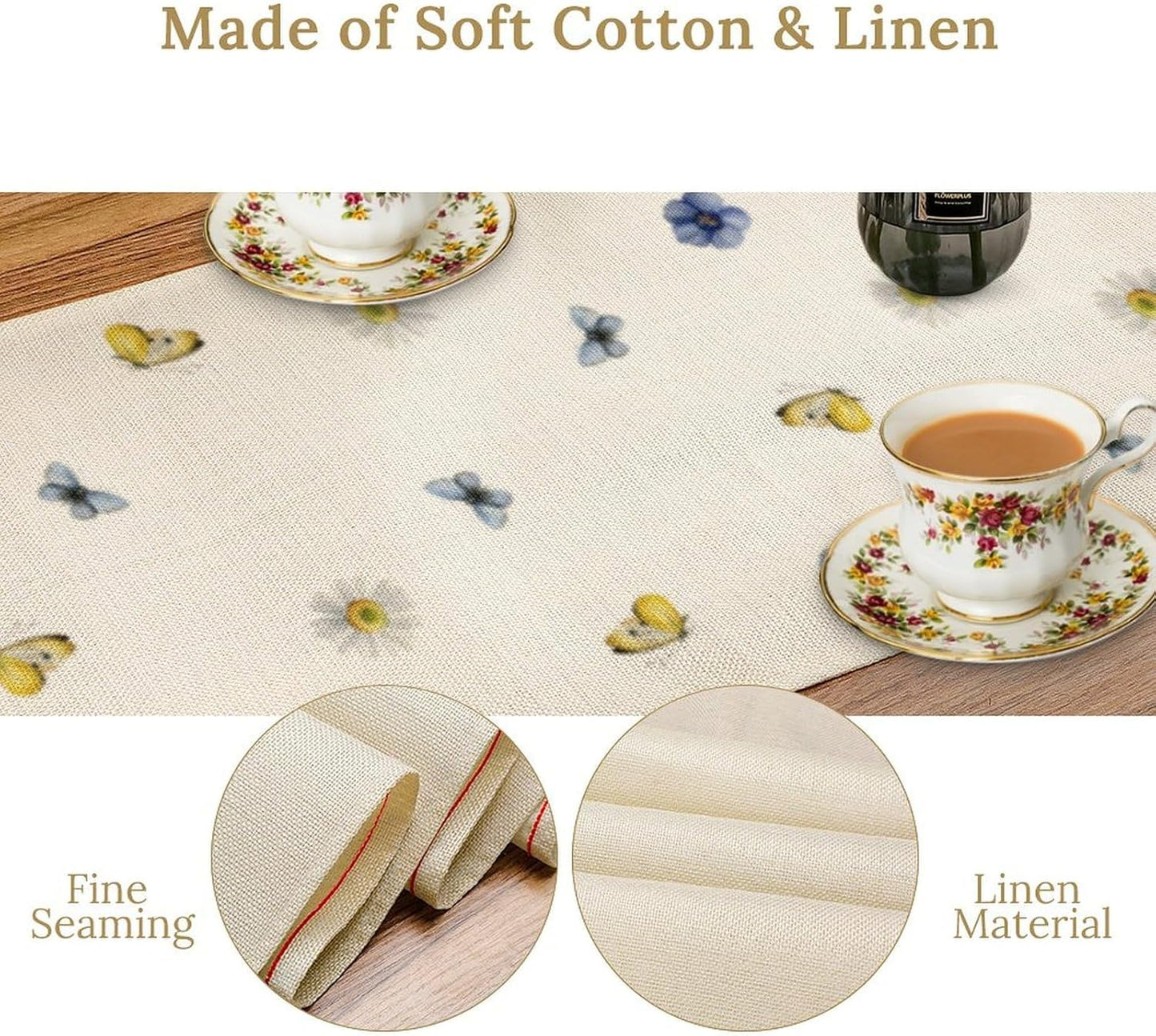 Floral Table Runner, Spring Watercolor Flower Plants Nature Butterfly Table Runner for Kitchen Dinner Living Room Home Party, 13x70 Inch