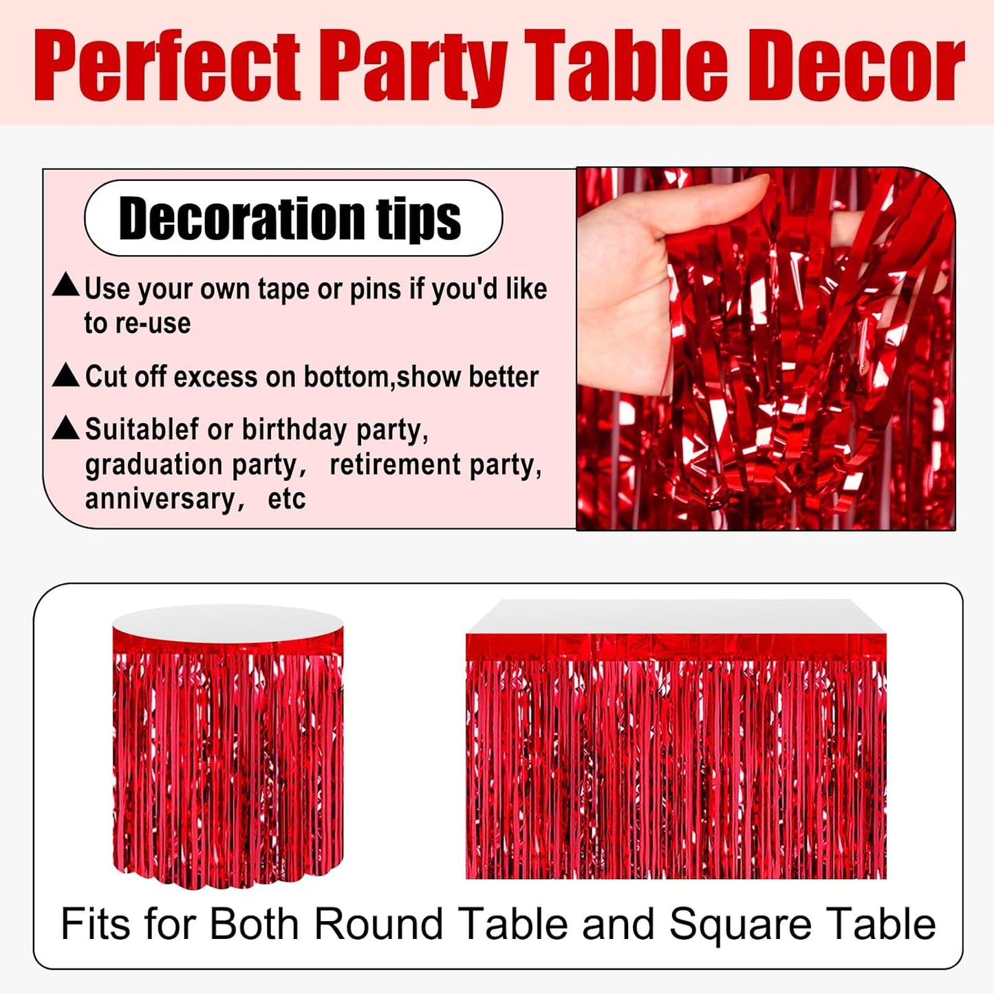 3 Pack 29x108 Inch Red Foil Fringe Table Skirts Metallic Banner for Tinsel Streamer Garland Backdrop for Parade Floats Wedding Thanksgiving Birthday Christmas Halloween Party Decoration
