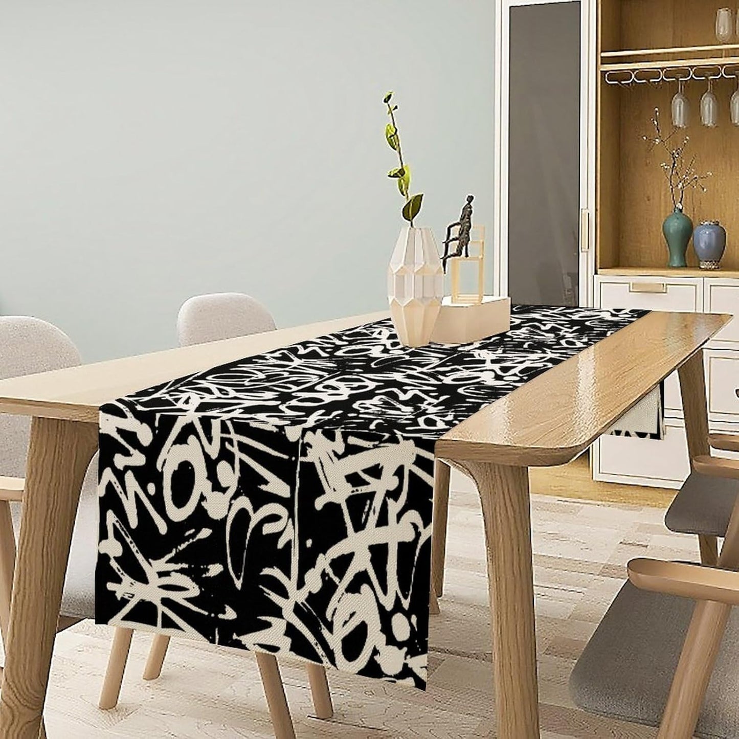 Graffiti Table Runner,Black White Abstract Messy Art Theme Pattern Print Tablecloth Burlap for Hotel Indoors Outdoor Dining Room Kitchen Home Decor,W13X L80 in