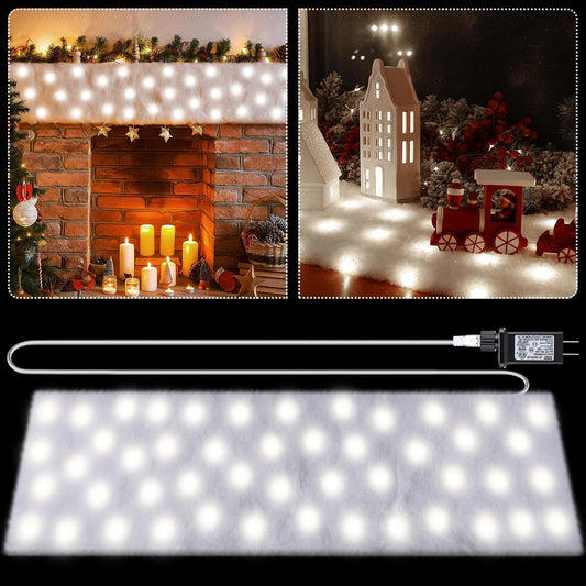 VIHOSE Christmas Snow Blanket with LED Lights String Pre Lit Artificial Fake Snow Blanket Roll Lighted Table Runner for Christmas Tree Village Display Winter Holiday Decor(White Light,59'' X 16'')