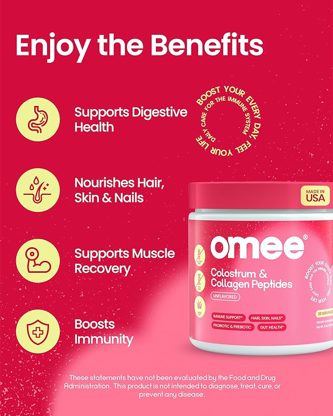Omee Bovine Colostrum and Collagen Powder | Hair Growth, Beauty, Skin & Nail Supplement | Gut Health, Immune Support | Probiotics | 40% IgG, Unflavored, Grass-Fed, Hydrolyzed, Gluten-Free, 30 Servings