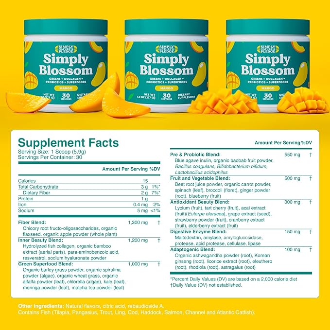 Simply Blossom Nutrition Daily Greens & Superfood Powder + Collagen + Probiotics for Women's Digestive Health & Bloating Relief. Help Your Health Bloom - 30 Day Supply - Mango