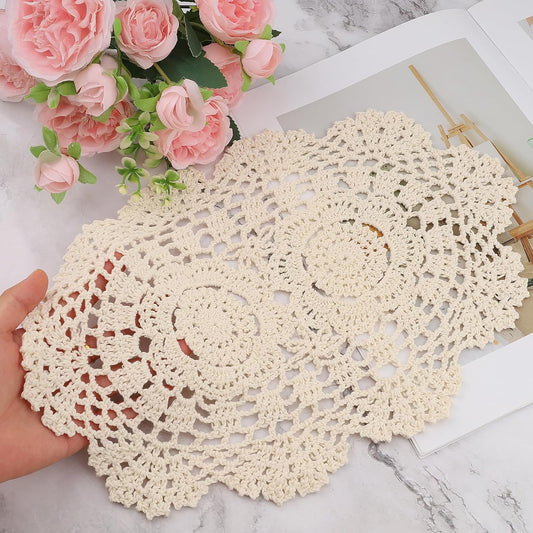2-Pack Vintage Lace Placemats - 10x14 Inch French Crochet Lace Doilies, Handmade Embroidered Oval Table Mats for Dining, Tea Party, Wedding Decor, Furniture and Home Decoration (Beige)