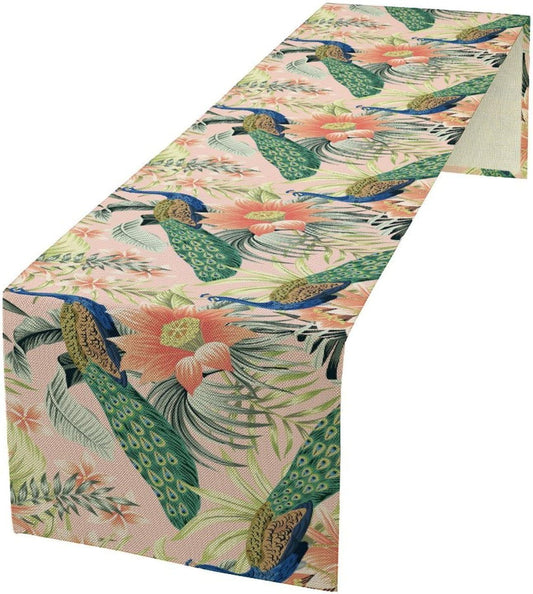 Peacock Table Runner,Pink Flower Peacock Birds Table Runner for Home Kitchen Dining Party Indoor Outdoor Decoration 13x108 Inch