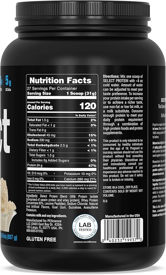 PEScience Select Protein Powder, Whey and Casein Blend, Clean Protein Powder for Women and Men, Low Calorie, Low Carb, Keto Friendly, Gluten Free, Gourmet Vanilla, 27 Servings