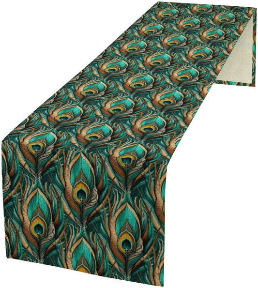 Peacock Feather Table Runner,Retro Aesthetic Green Table Runner for Home Kitchen Dining Party Indoor Outdoor Decoration 13x60 Inch