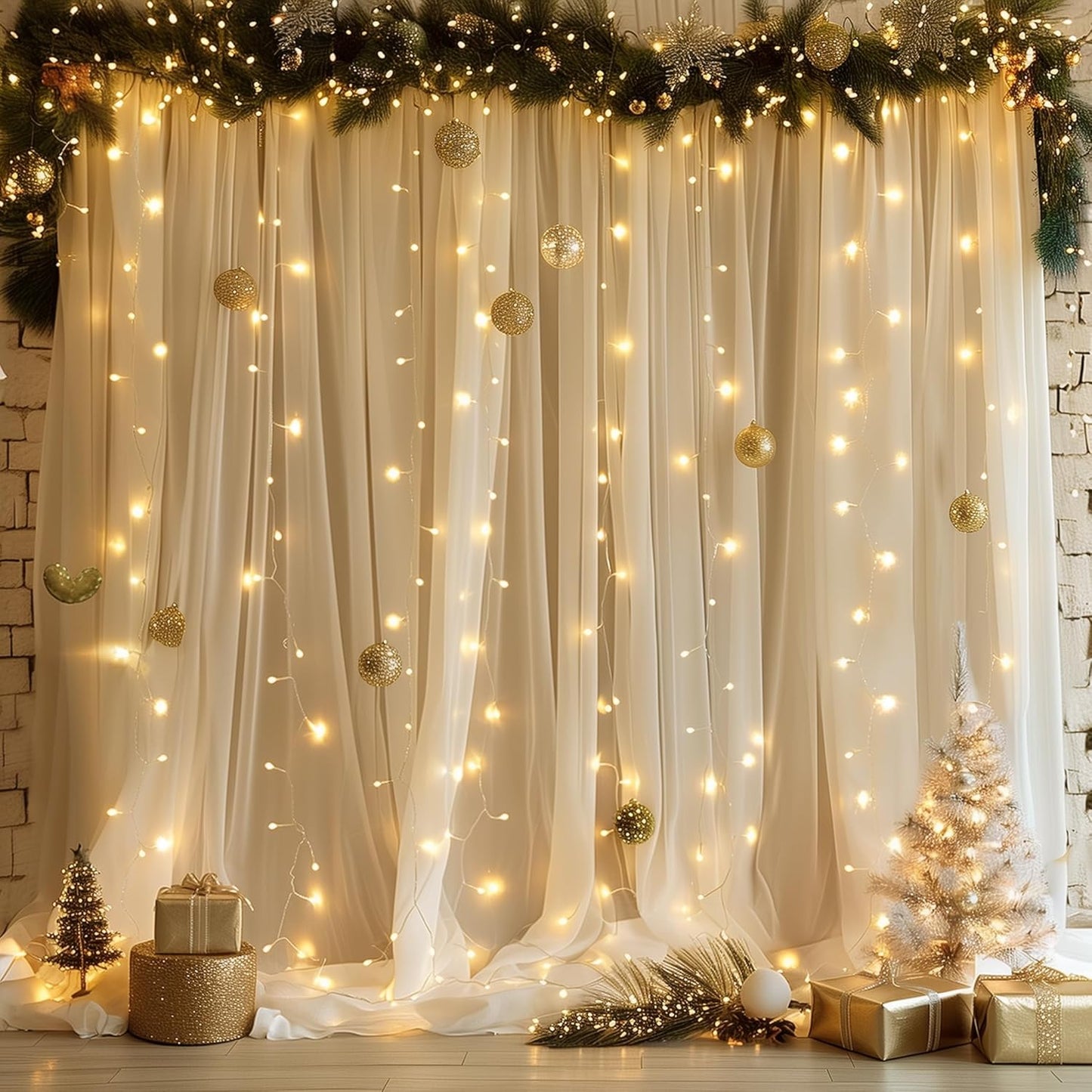 Fomcet Tulle Backdrop Curtains Champagne 20FT X 10FT Tulle Curtains with Lights String Sheer Backdrop Curtain for Parties Wedding Baby Shower Photo Shoot Decorations (4 Panels 5 x 10FT)